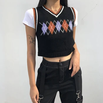 2021 kórejský Štýl tvaru Vintage Geometrické Argyle Krátka Vesta Topy, Pulóvre Sveter Vesta Jeseň Ženy Sexy Pletené Vest