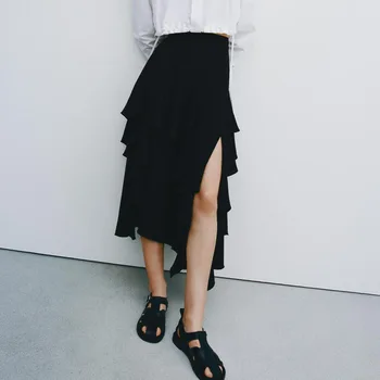 2022 Jar Jeseň Fashion Black Šitie Vrstvené Sukne Vysoký Pás Volánikmi Sukne Ženy Split Mini Sukne Späť Na Zips Elegantné Sukne