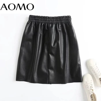 AOMO 2021 Žien Vysoko Kvalitné Čierna Faux Kožené Sukne Strethy Pás francúzsky Štýl Žena Mini Sukne 4C188A