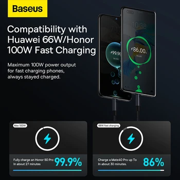 Baseus 6A USB Typu C Kábel Pre Huawei P50 P40 Pro Česť Super Charge 66W/100W Rýchle Nabíjanie USB C Nabíjačka, Dátový Kábel, Drôt, Kábel
