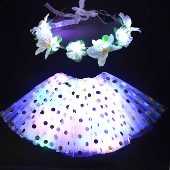 Biely Kvet Dievča LED Bliká Veniec rozsvieti Tutu Sukne Cosplay Baletné oblečenie pre Dospelých, Deti, Svadobný Kostým Vianoce