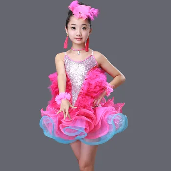Detské tanečné oblečenie nové dievčatá perie latinské tanečné kostýmy, detské hry popruh šaty nadýchané sukne výkon oblečenie