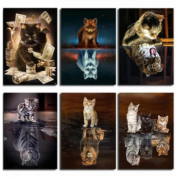 Diamond Výšivky Mačka Odraz Zvieratá DIY 5D Diamond Maľovanie Cross Stitch Plné Námestie Vŕtačky Kamienkami Maľovanie Obrázok