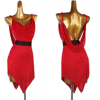 Fialová červená blackc fringe latinskej súťaže šaty drahokamu crystal Rumba, cha cha salsa tango tanečné šaty S-XXXL 270