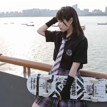 Japonský Školské Dievča Jednotné Farby Čierna Výšivka Tričko Skladaný Sukne Vysoký Pás A-Line Kockované Sukni, Sexy JK Uniformy pre Ženy
