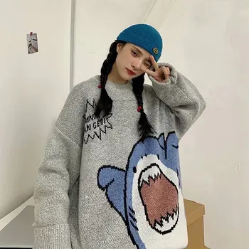 Jeseň Zima Mužov Sveter Streetwear Japonskom Štýle Karikatúry shark Sveter Mužov Ležérne pánske Oblečenie Hip Hop Sveter Ženy
