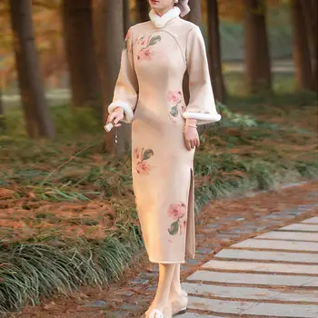 Jeseň Zima Retro Cheongsam Obrátený Veľké Rukávy 2021 Nové Elegantné Lepšiu Šaty Mladých Žien Pribrala Teplo
