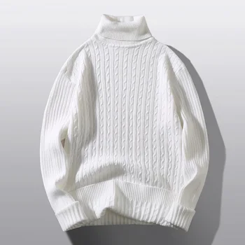 Kórejský Módne Zimné Teplé Mužov Svetre Twist Dizajn Knitwear Turtleneck Pulóvre Čierna Biela Jumper USA Veľkosť XS-L