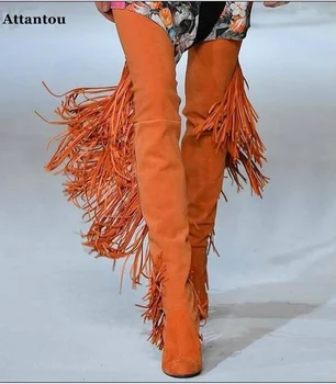 Nový orange semiš nad kolená dlhé topánky dlhý Strapec Vysoká päty topánky ženy obliekanie stručné fit topánky dráhy zobraziť topánky
