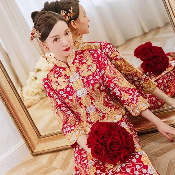 Nádherné Dragon Phoenix Výšivky Pár Svadobné Šaty Elegantné Mandarin Golier Čínsky Manželstva Cheongsam Свадебное платье