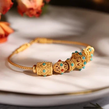 Prírodné a syntetické tyrkysové DIY korálkový náramok Čínskom štýle retro dizajnér jedinečné antické zlato plavidlá luxusné strieborné šperky