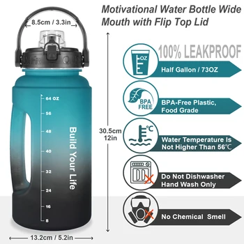 Quifit Galón Vody Fľašu 2.2 L 73 OZ Flip-flop Široké Ústa Krát Vypiť Veľké Kapacity BPA Free Motivačný Citát