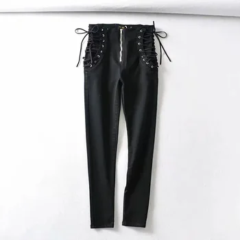 Vysoká pružnosť Sexy Dvojité Priviazal Lano džínsy ženské nohy 2020 jeseň vysoký pás tenký ako ceruzka džínsové nohavice dámske nohavice, džínsy