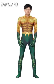 ZAWALAND Film, Komiks 3D Telo Zlato Aquaman Cosplay Kombinézu Halloween Cosplay Kostým One-piece Suit pre Dospelých