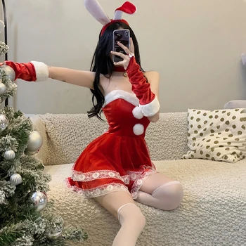 Červená Vianočné Cosplay Kostým Pani Santa Claus Zamatové Šaty, Sexy Spodná Bielizeň Bunny Dievčatá Jednotné Lolita Králik Kawaii Slúžka Oblečenie