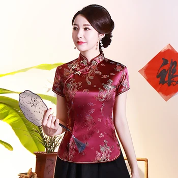 Čínsky Štýl, Krátky Rukáv T-shirt Tradičnej Čínskej Mandarin Golier Ženy Qipao Topy Vintage Dragon Phoenix Tang Kabát 4XL